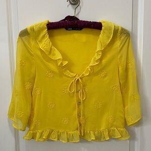 Zara Bright Yellow Eyelet Blouse with Ruffle Trim